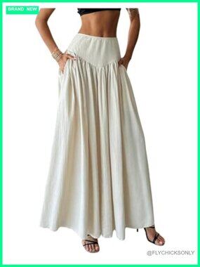 Pleated Flowy Long Maxi Skirt with Pockets High Waist